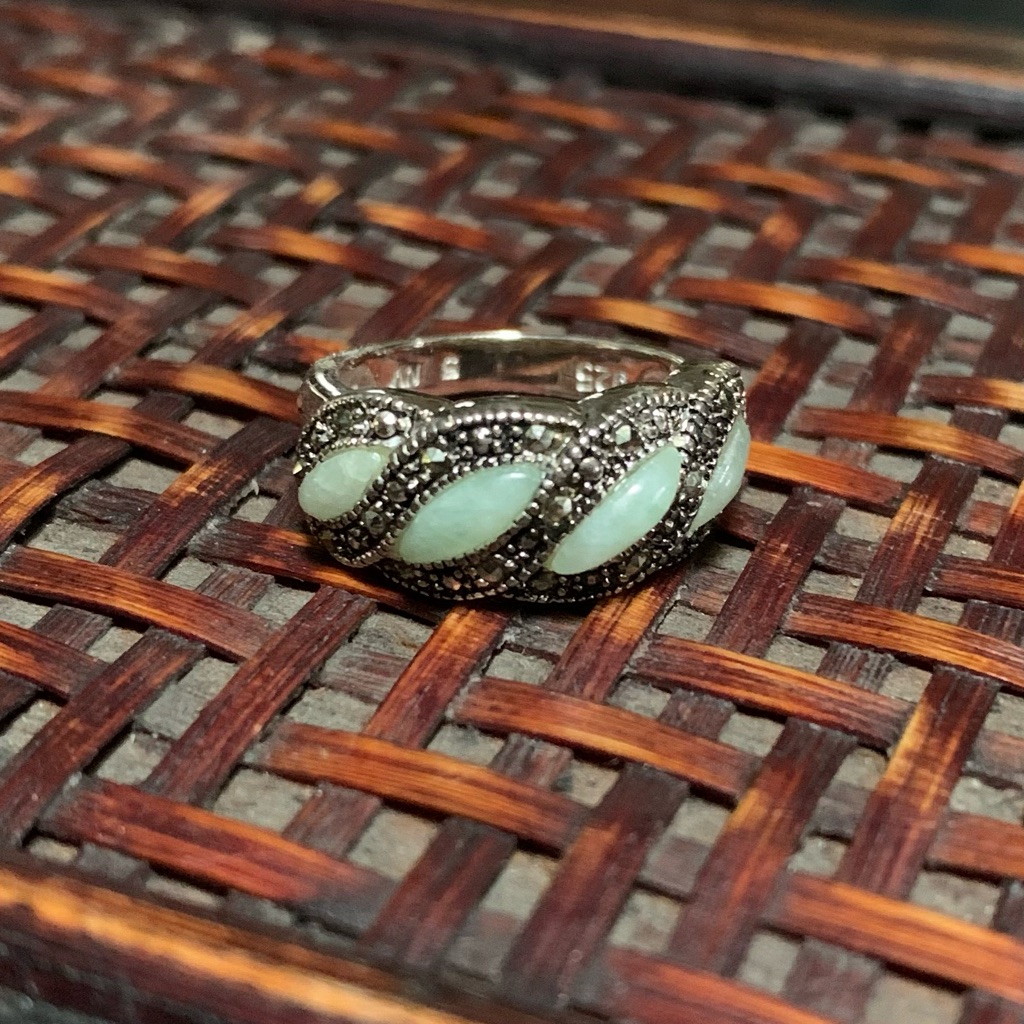 Jade Marcasite Vintage Sterling Silver Ring